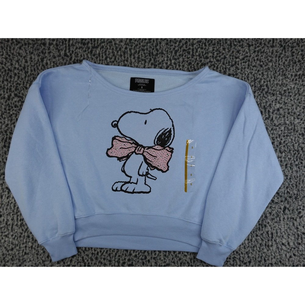 Peanuts Snoopy Sweatshirt Women Small Light Blue Excellent Rhinestone Bow